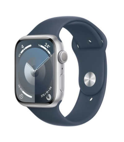 apple-watch-series-9-45mm-acier-argent-bracelet-bleu